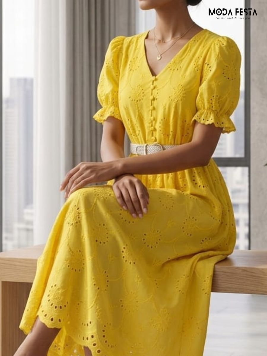 ModaFesta -yellow-broderie-anglaise-eyelet-midi -dress-with-belt